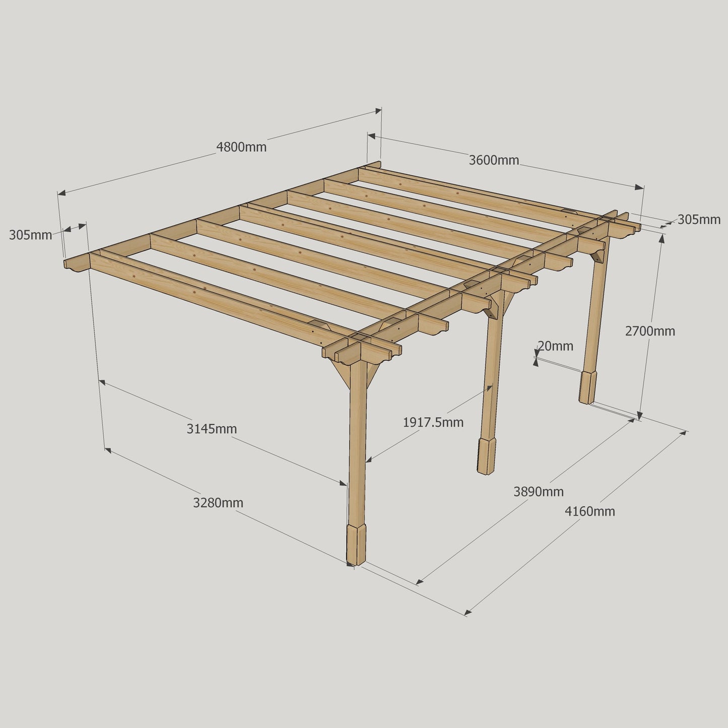 Wall Mounted Double Premium Pergola - 3.6m Width