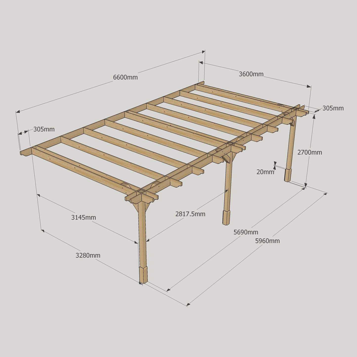 Wall Mounted Double Premium Pergola - 3.6m Width