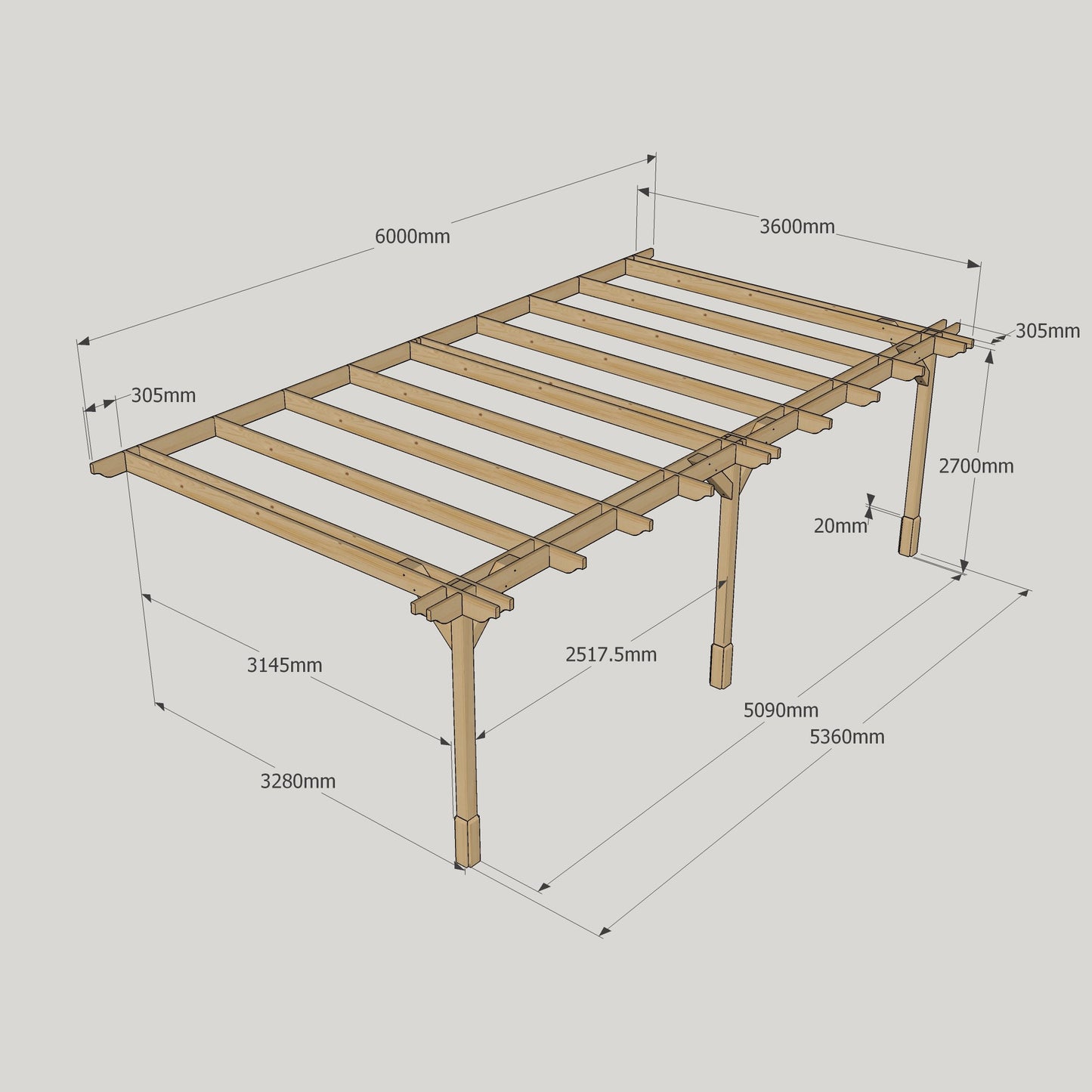 Wall Mounted Double Premium Pergola - 3.6m Width