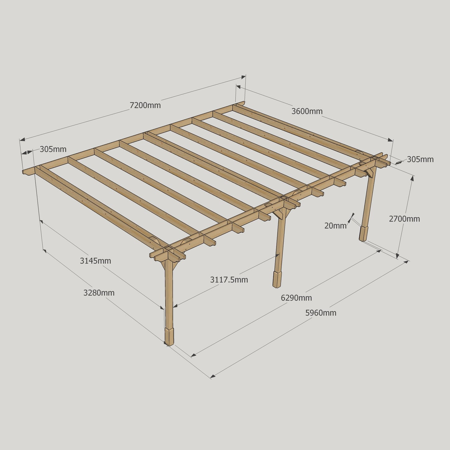 Wall Mounted Double Premium Pergola - 3.6m Width