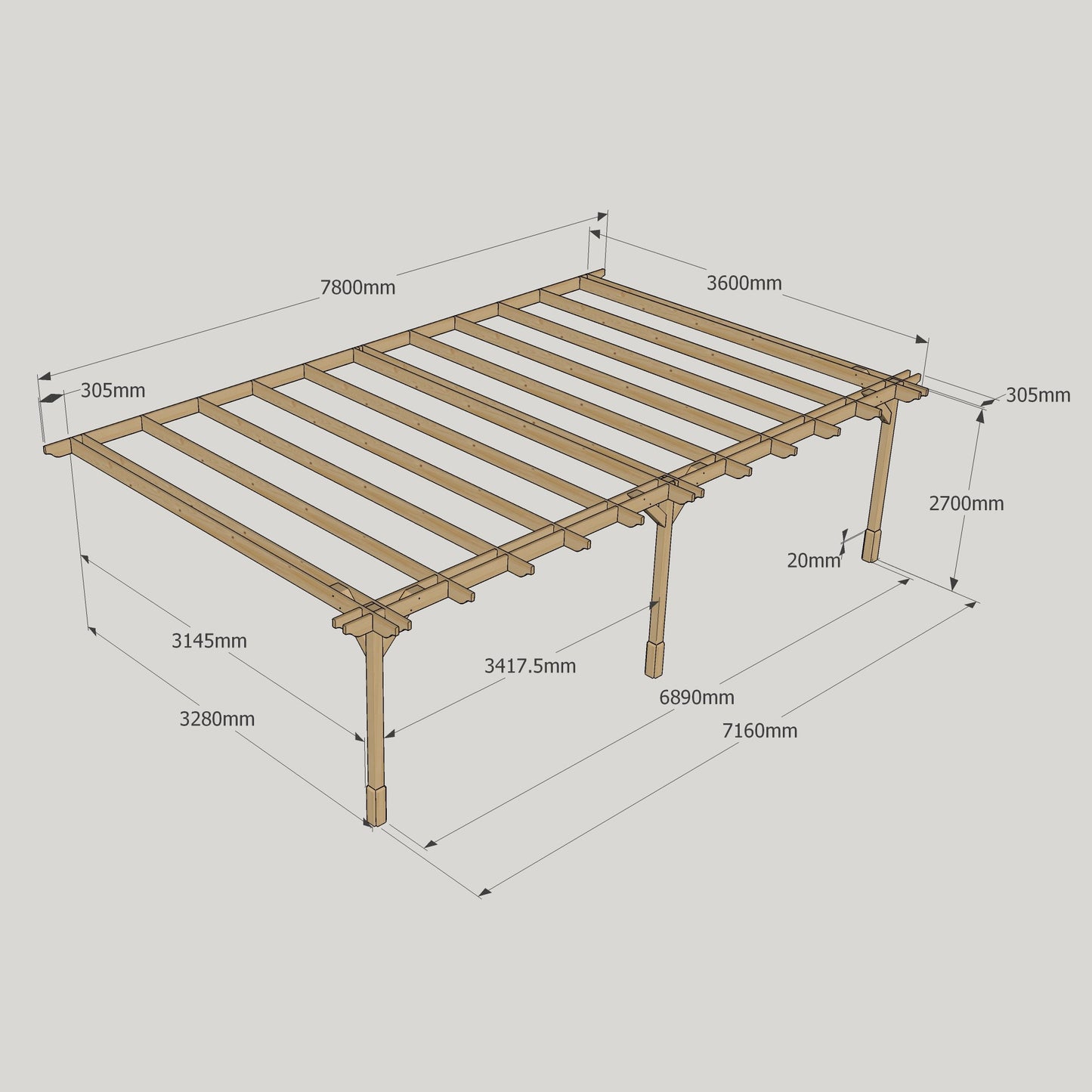 Wall Mounted Double Premium Pergola - 3.6m Width