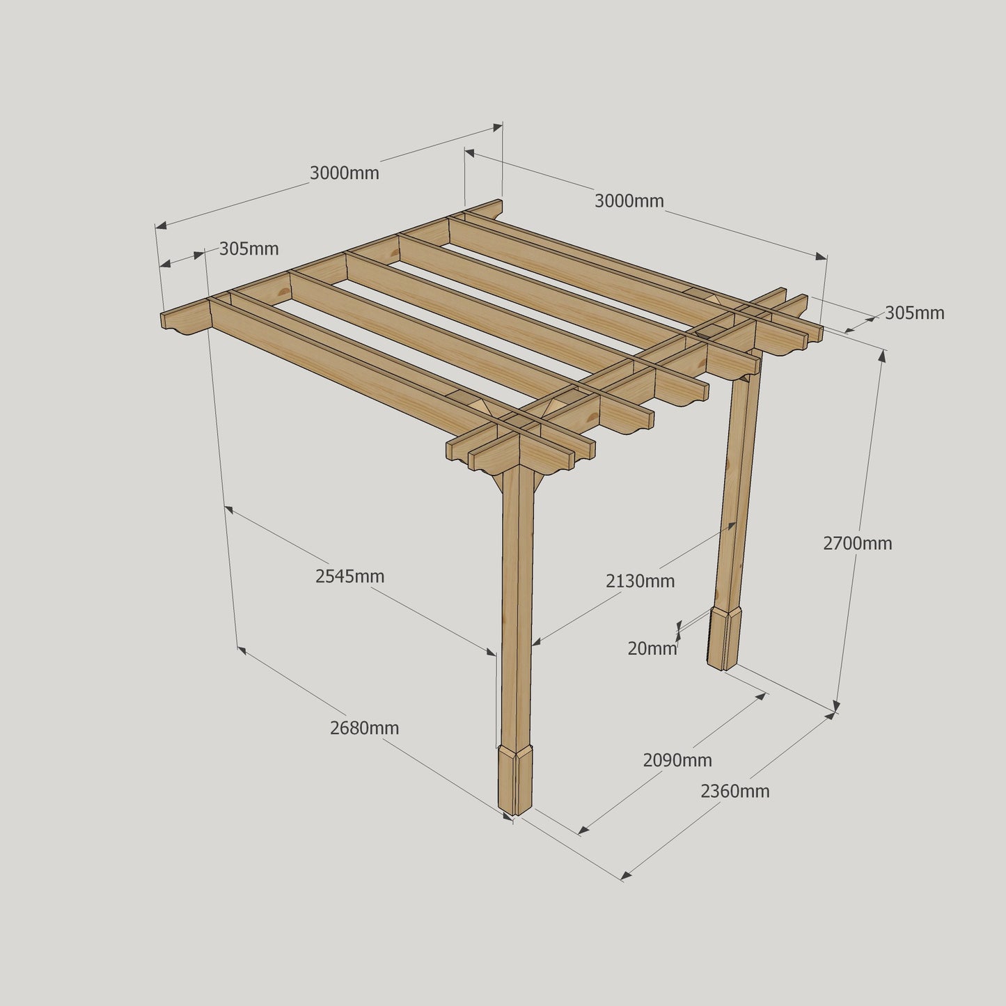 Wall Mounted Double Premium Pergola - 3m Width