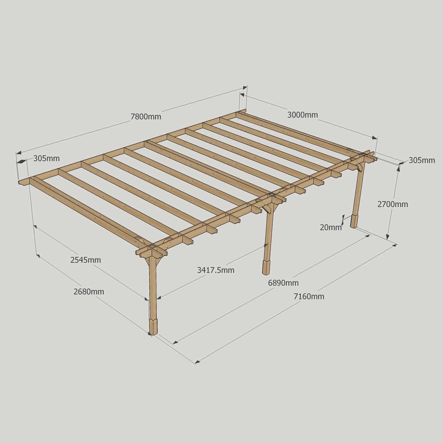 Wall Mounted Double Premium Pergola - 3m Width